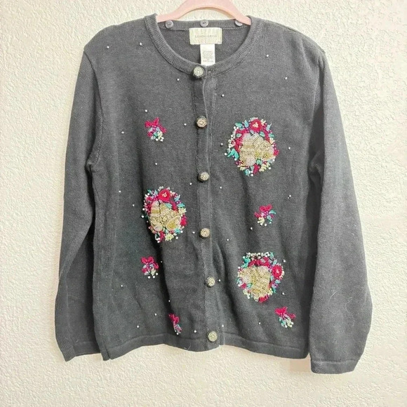Vintage Lemon Grass Black Beaded Embroidered Holiday Cardigan Wreath - Size M - Picture 1 of 7